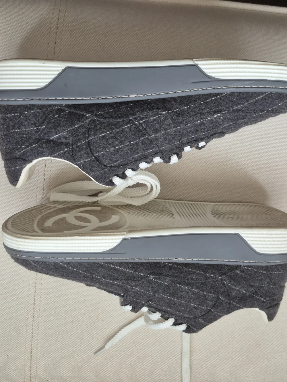Chanel Men's Gray Pinstripe Low-Top Sneakers